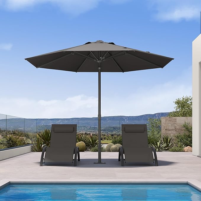 PURPLE LEAF 10Ft Round Semi-Auto Outdoor Patio Umbrella Aluminium Market Umbrella Table Sun Umbrella with 1.89" Rod and 8 Sturdy Ribs for Deck Lawn Pool Garden, Gray