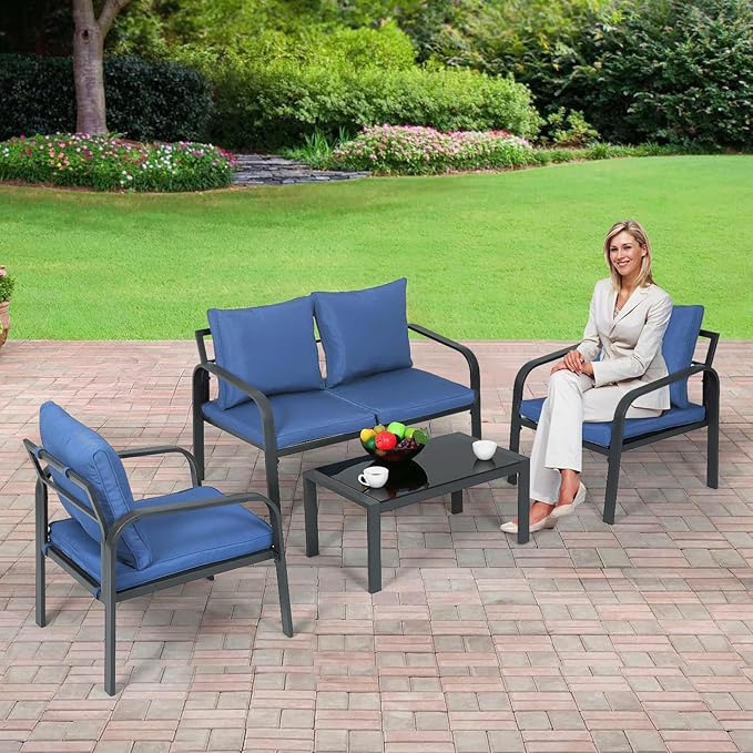 Athena Collection Patio Furniture Set 4 Pieces Outdoor Conversation Sets with Coffee Table & Cushions, All Weather Bistro Chairs Set for Balcony, Lawn, Garden, Poolside, Blue