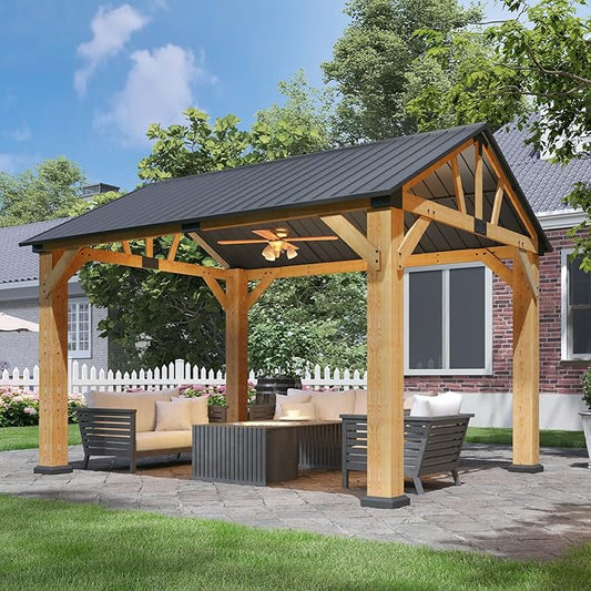 Aoxun 10' x 12' Outdoor Wood Gazebo, Hardtop Gazebo Permanent Wooden Pavilion with Gable Galvanized Steel Roof for Patio, Garden, Backyard, Natural