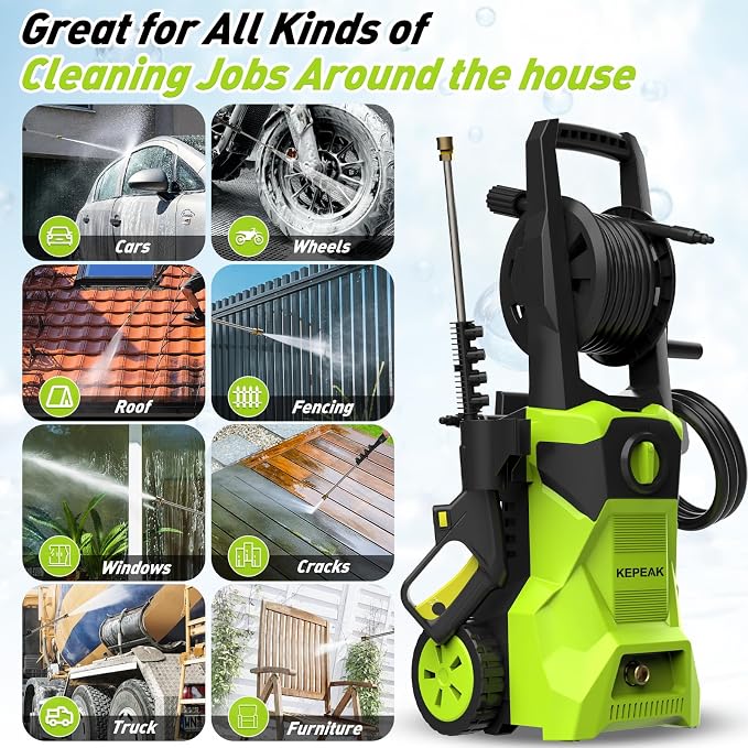 KEPEAK 5000PSI Portable PowerWasher with 4 Quick Connect Nozzles, Foam Cannon, 52ft Hose Reel, for Cars Fences Driveways Patios