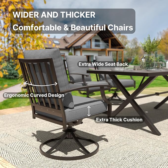 Gotland 7 Piece Outdoor Dining Set, Metal Outdoor Table and Swivel Chairs with X-Shaped Legs 1.5" Umbrella Hole, Patio Furniture Set with Waterproof Cushions, Patio Dining Sets for Backyard Deck Gray