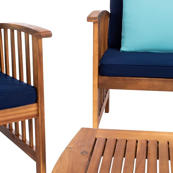 SAFAVIEH Outdoor Collection Rocklin Natural/ Navy Cushions/ Light Blue Pillows 4-Piece Conversation Patio Set