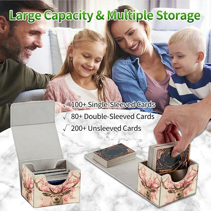 Card Deck Box for MTG, Cards Storage Box Fits 120+ Sleeved, Leather Small Size Strong Magnetic Closing Card Case for Board Games Magic TCG CCG Baseball Collection, Peach Blossom Deer