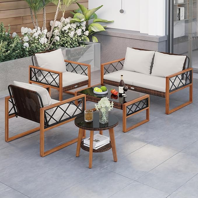 Tangkula 5 Pieces Wicker Patio Conversation Furniture Set, Outdoor Glass Coffee Tables with Acacia Wood Frame and Cushioned Armchairs for Deck, Garden and Backyard