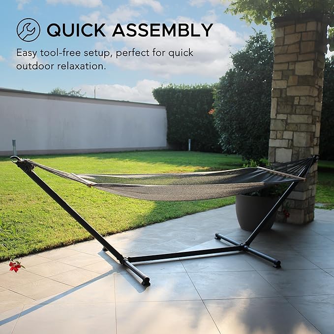 SUNJOY Portable Hammock with 10FT Heavy Duty Steel Stand and Spreader Bars - Ultra-Light 24.25 lbs - Portable Single Person Hammock with Stand for Outdoors, Outside, Backyard, Patio