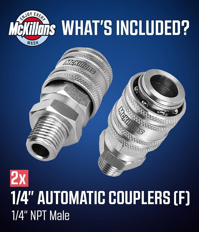 McKillans® 1/4” Nozzle Automatic Quick Connect Fittings - Stainless Steel 1/4” NPT Male Quick Connect Couplers - Coupler for Pressure Washer Gun - Pack of 2