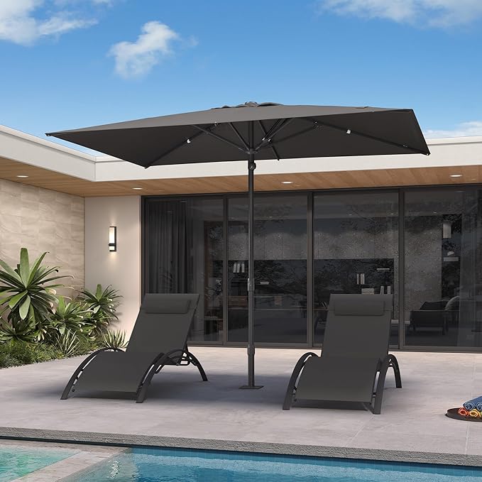 PURPLE LEAF 10' x 6.5' Rectangular Semi-Auto Outdoor Patio Umbrella Aluminium Market Umbrella Table Sun Umbrella with 1.89" Rod and 6 Sturdy Ribs for Deck Lawn Pool Garden, Gray