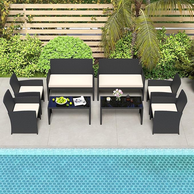 HAPPYGRILL 4 Piece Rattan Wicker Patio Conversation Set, Outdoor Furniture with Chair Loveseat Table & Cushion, for Backyard Porch Balcony (2, Black & Off White)