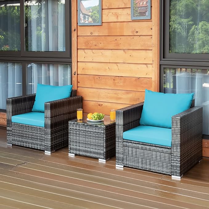 Tangkula 3 Pieces Patio Furniture Set, PE Rattan Wicker Sofa Set w/Washable Cushion and Tempered Glass Tabletop, Outdoor Conversation Furniture for Garden Poolside Backyard