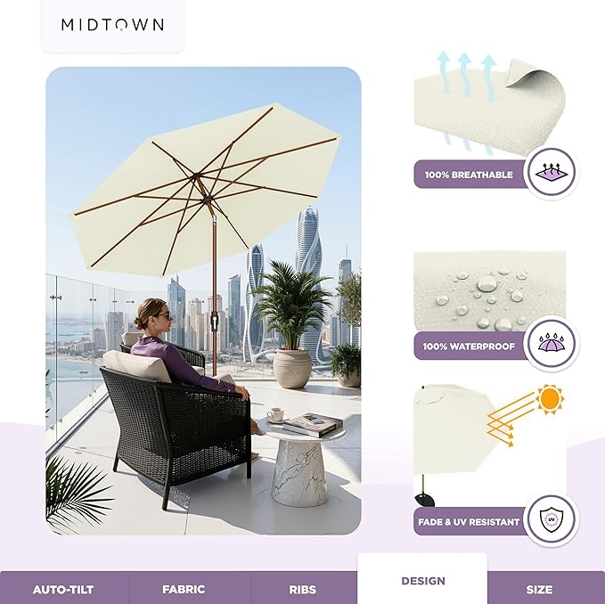 Midtown Umbrellas Wooden 2-8 Ft Patio Umbrella with 360° Swivel & Tilt Mechanism, 8 Fiberglass Ribs & Sunbrella Fabric - Outdoor Umbrella for Deck, Pool & Garden - Burgundy Canopy, Wooden Pole