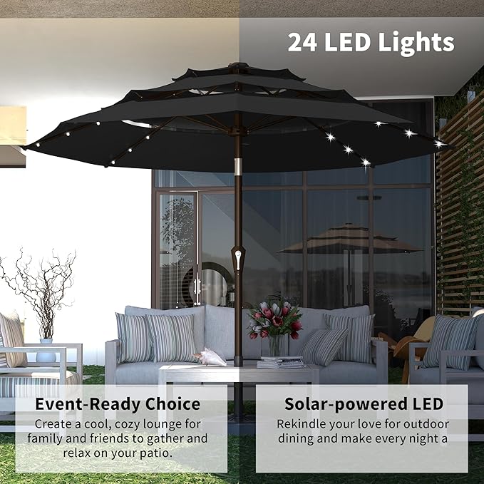Kingdura 9ft 3-Tier Patio Umbrella with Solar Lights, Table Umbrella Outdoor Patio with Easy Crank & Tilt, 8 Sturdy Ribs, UV Protection, 32 LED Lights for Deck, Poolside, Market (Black)