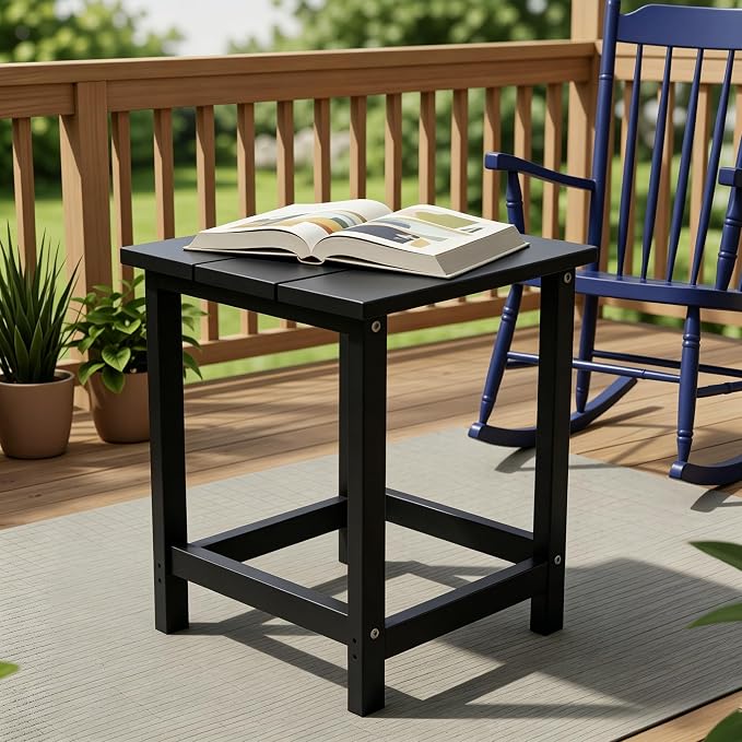 AMILY HDPE Outdoor Square Side Table, All Weather Patio End Table for Adirondack Chair, Heavy Duty Garden Poolside Balcony Table, Easy Assembly (Black)
