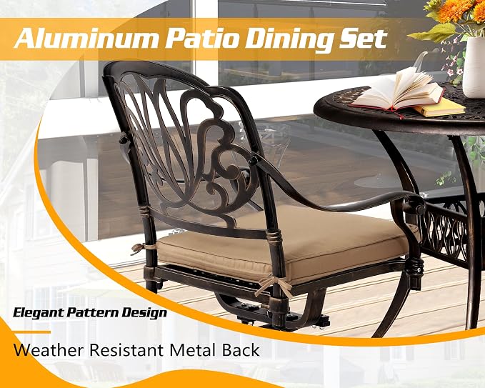TITIMO 5-Piece Outdoor Patio Dining Set, All-Weather Cast Aluminum Furniture Patio Conversation Set 4 Swivel Chairs and 35.4" Table w/Cushions and Umbrella Hole for Backyard Garden Deck (Khaki)