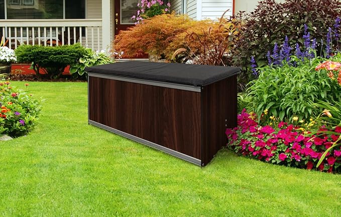Foreman Waterproof Deck Box - made from Compact Laminate and Anodized Aluminum. Includes a Dark Grey Outdoor Seat Cushion with a removable cover and All Weather Nylon Deck Box cover, 120 Gallon, Tosca