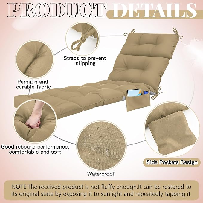 Kigley 2 Pcs Outdoor Chaise Lounge Cushions with 3 Side Pocket 74.5 x 22 x 4.7 Inch Patio Chaise Lounge Cushion, Water-Repellent and Fade-Resistant Tufted Summer Replacement(Brown)