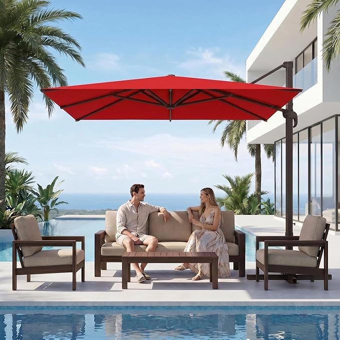 Kingdura 10x10 FT Cantilever Patio Umbrella with Base Included, Large Square Aluminum Offset Outdoor Pool Umbrella, 360° Rotation & 4-Position Tilt, UV Protection for Deck Backyard (Red)