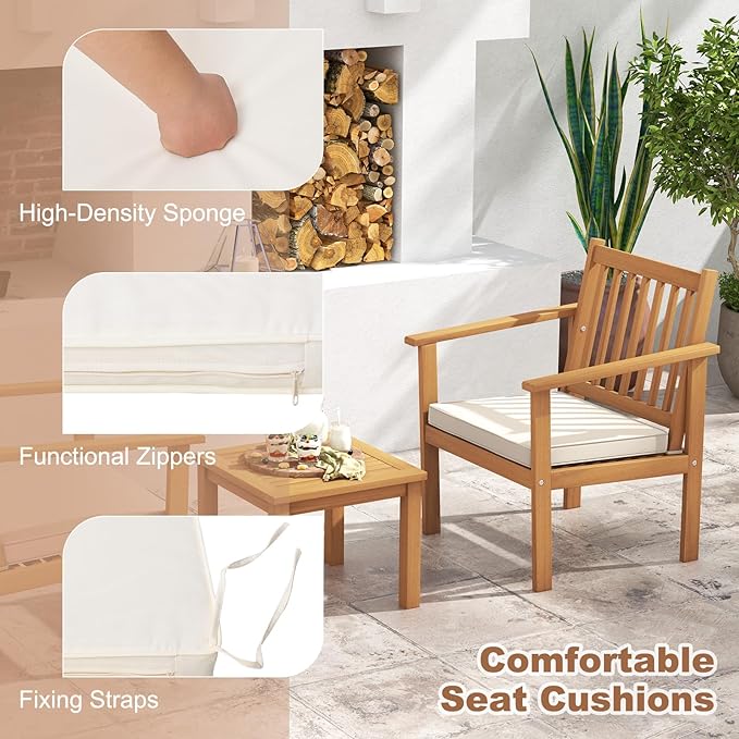 Tangkula 3 Pieces Patio Wood Furniture Set, Acacia Wood Chairs and Coffee Table Set with Soft Cushions, Slatted Design, Outdoor Furniture Set for Porch, Yard, Balcony (White)