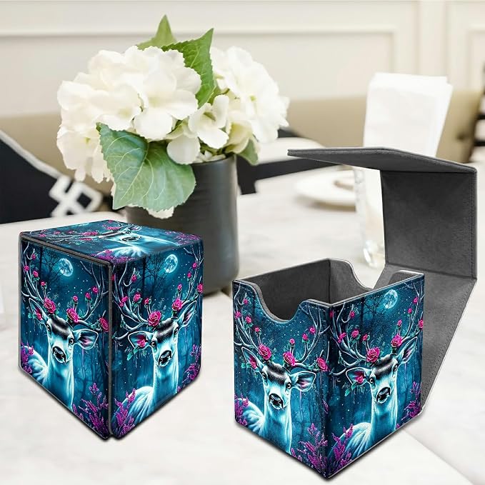 Deck Box for MTG, Cards Storage Box Fits 120+ Sleeved, Leather Medium Size Strong Magnetic Closing Card Case for Board Games Magic TCG CCG Baseball Collection, Forest Flowers Deer