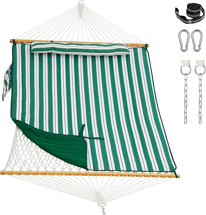 Lazy Daze Hammocks Rope Hammock with Pad, Spreader Bar, Carabiners, Tree Straps, Chains for Outside Patio- Max 450 Lbs, Green White Stripes