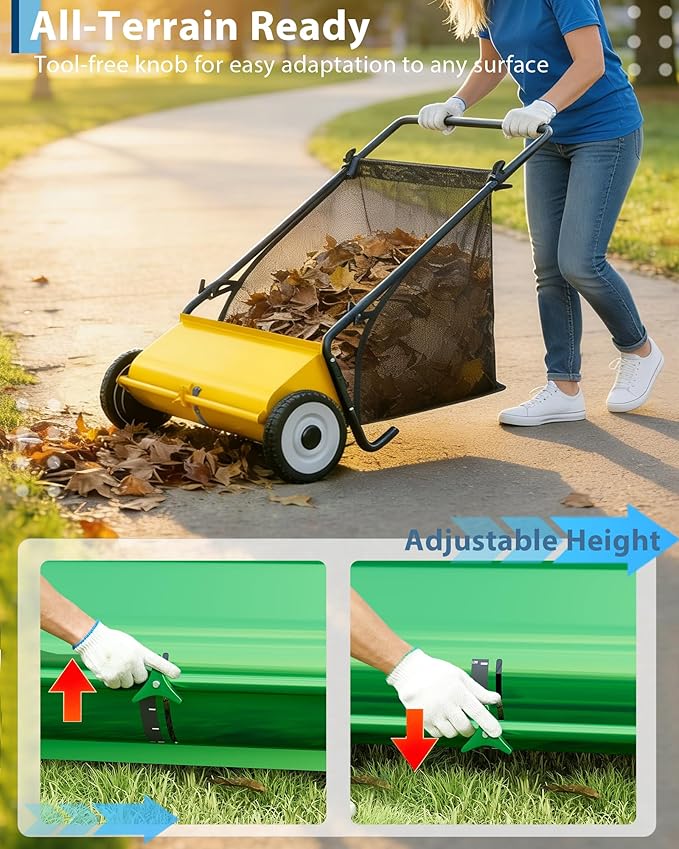 GarveeLife Push Lawn Sweeper, 26 Inch Extra-Wide 4-Brush System, 7 cu.ft. Mesh Bag, Heavy Duty Steel Frame, Height-Adjustable Yard & Garden Cleaner for Leaves and Grass, Yellow