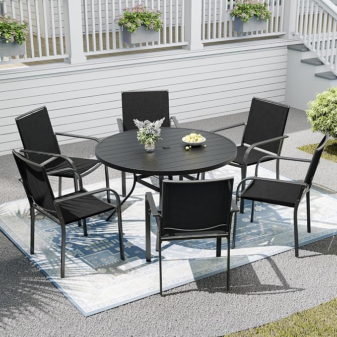 Outdoor Dining Table with 6-Piece Stackable Chairs,48" Round Patio Table with Adjustable Umbrella Hole,Stable Patio Dining Set for Home or Outside