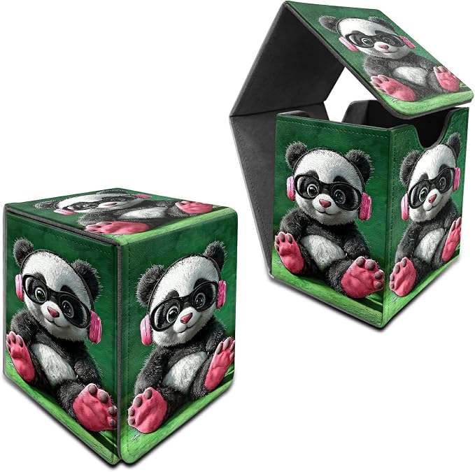 Pink Headphones Panda Card Deck Box for MTG, Personalized Card Storage Case Fits 120+ Sleeved Cards, Premium Leather TCG Box with Strong Magnetic Closure for Magic, PTCG, Baseball Cards