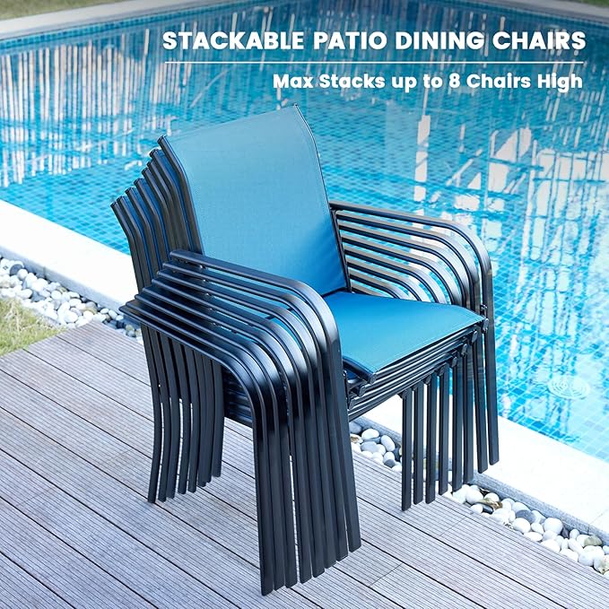 VICLLAX Outdoor Dining Set for 2, Small Patio Table and Chairs Set of Stackable Patio Sling Chairs and Square Dining Table for Front Porch, Blue Fabric and Black Table