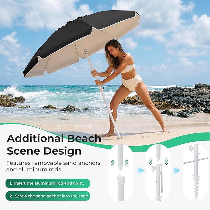 JEAREY 6.5ft Sun Shade Umbrellas, Portable Umbrella with Stand, Lightweight Sun Protection Free Standing Sport Umbrella for Outdoor Sports, Camping, Fishing, Patio, Beach, Black
