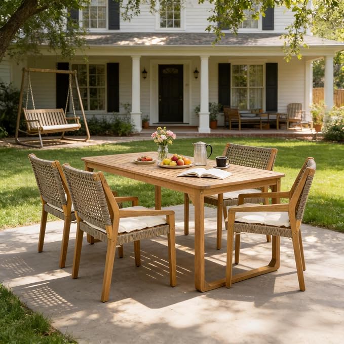 Christopher Knight Home Samma Acacia Wood Outdoor Dining Set for 4, Patio Dining Table Set for 4, Outdoor Dining Table and Sled Base, Dining Chairs with Cushion + Wicker Backrest, Teak+Brown+Cream