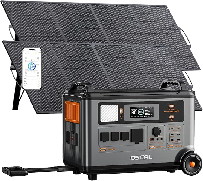 OSCAL 3600W Portable Solar Power Station with 2x200W Solar Panels, PowerMax 3600SE 3600Wh Solar Generator, 1800W AC/ 1600W Solar Fase Charging, LiFePO4 Battery Power Station for Home, RV, Emergencies
