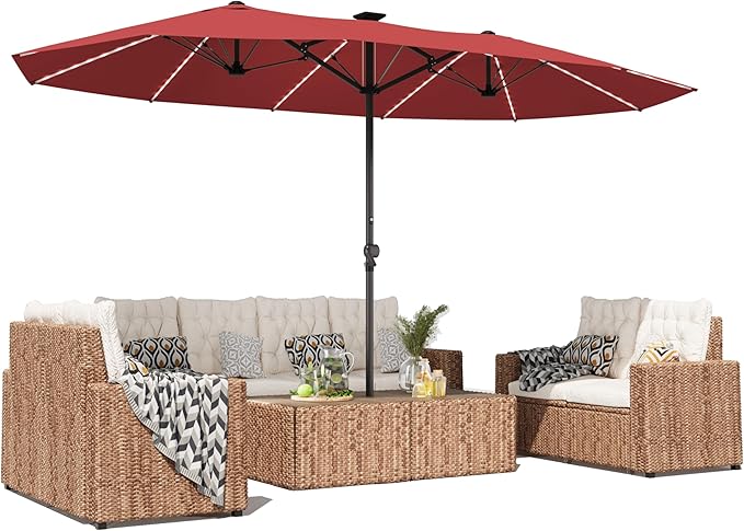 GDPFN 15ft Large Patio Umbrella with Solar Lights, Outdoor Double-Side Rectangular Umbrella, Backyard Pool Umbrella with LED Light for Deck, Outside, Market, Burgundy (Base Not Include)