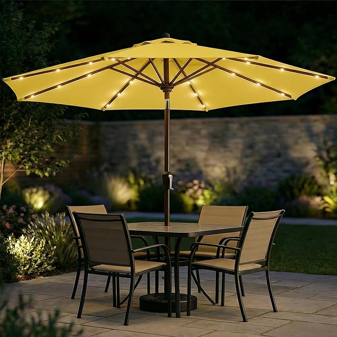 10FT Solar Patio Umbrella with Lights, Outdoor Table Market Umbrella with 32 LED Lights, 8 Sturdy Ribs, Push Button Tilt and Crank for Pool, Deck and Garden, UV-Resistant