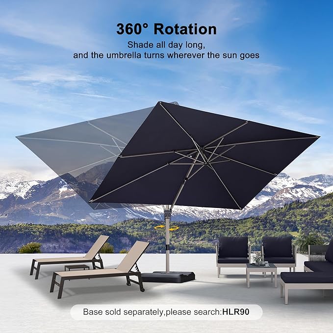 PURPLE LEAF 9' X 11' Patio Umbrella, Rectangle Outdoor Cantilever Umbrella, Aluminum Offset Umbrella with Champagne Frame and 360° Rotation for Pool Deck Garden, Navy Blue