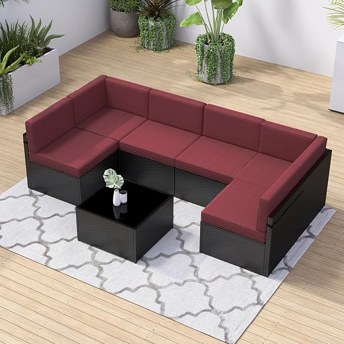 kinbor 7-Piece Outdoor Sectional Patio Furniture Set - Black PE Wicker Outdoor Couch with Thick Cushions, Luxury Patio Set for Backyard, Poolside, Porch, Burgundy