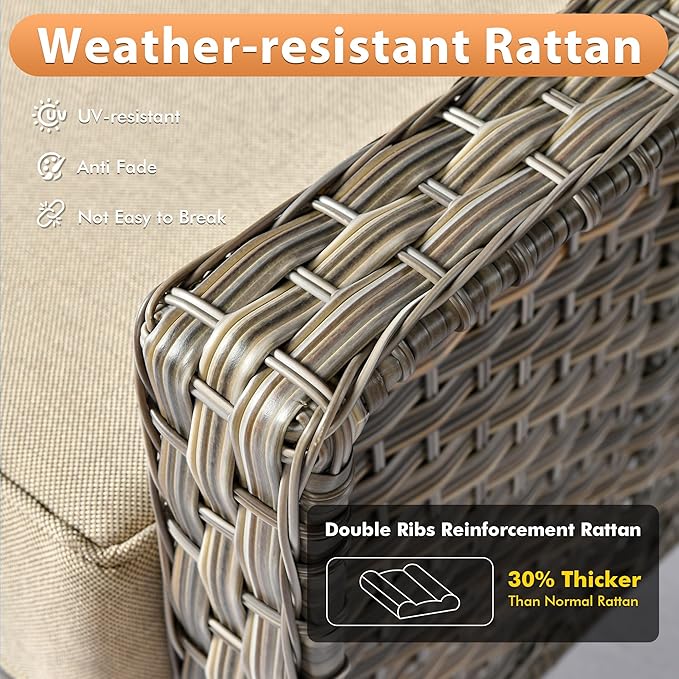 6 PCS Outdoor Patio Furniture Sets,Patio Conversation Sets Outside Rattan Soft Cushion Sofa with 2 Wicker Rocking Chairs & 54 in Fire Pit Table Fit Backyard Porch Garden Poolside Balcony,Beige