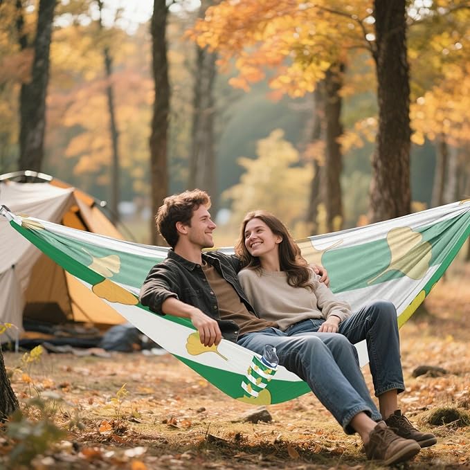 Green White Striped Ginkgo Biloba Leaf 330lb Capacity Camping Hammocks with Hanging Rope Hanging Hammock for Patio Backyard Lounge Base macas mexicanas de Patio para Adulto