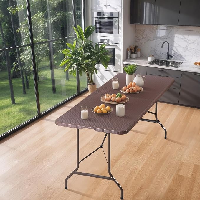 JupiterForce 6ft Plastic Folding Table, Indoor Outdoor Portable Heavy Duty Foldable Camping Table, Fold-in-Half Utility Table Dining Picnic Table for Party Wedding Event, Brown