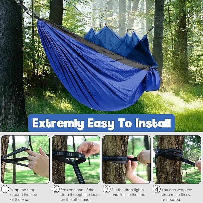 Gold Armour Camping Hammock - Camping Essentials, Double Hammock with Bug Net, Camping Gear Hammock for Outside, Hiking, and Travel (Blue & Gray)
