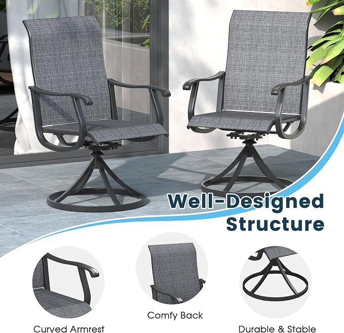 3 Pieces Patio Furniture Dining Set, 2 Textilene Swivel Dining Chairs, 28" Outdoor Square Metal Table with Storage Shelf, Outdoor Dining Set for Porch, Lawn, Garden, Black/Black
