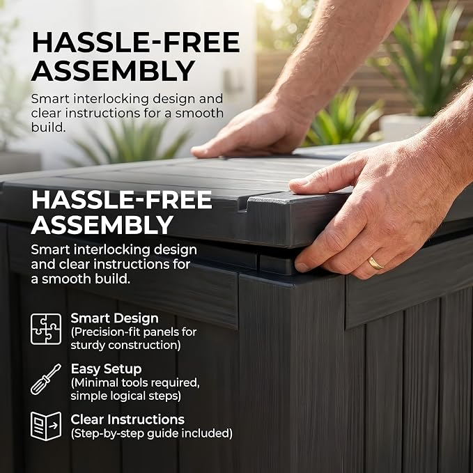 150 Gallon Resin Outdoor Storage Box for Garden Tools, Pool Supplies & Patio Cushions – Waterproof & UV-Resistant, Durable Material – Lockable (Black)