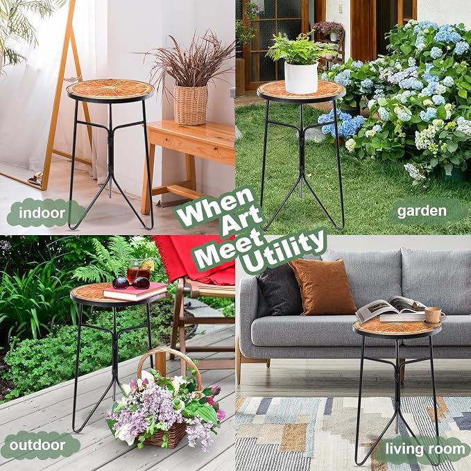 VCUTEKA Patio Side Table Outdoor Accent Table Bistro Coffee Tables Plant End Small Porch Tables Indoor Round Glass Balcony Plant Stands Orange 12''