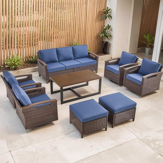 Rilyson Wicker Outdoor Patio Furniture Set - 8 Piece Patio Conversation Sets with Swivel Rocker Chairs, Ottomans, Sofa and Coffee Table, Thick Cushions, Waterproof Wicker, for Porch Deck Brown/Blue