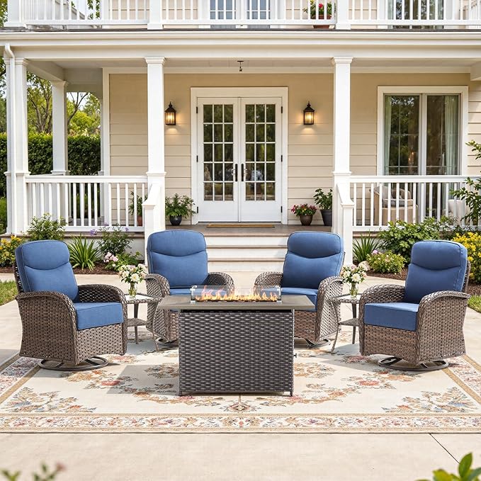 7-Piece Luxury Patio Furniture Set with 6-Inch Thick Cushions, High-Back Outdoor 4 Swivel Rocking Chairs with Wicker 42" Fire Pit, All-Weather Conversation Set for Porch, Deck, Yard or Poolside Blue