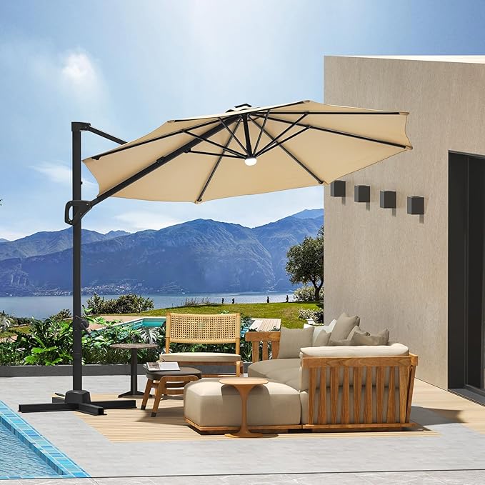 10 Ft Offset Patio Umbrella with Base Included, Round Cantilever Umbrella with UV Protective And Water Resistant Canopy, 360° Rotation, Integrated Tilting System, Beige