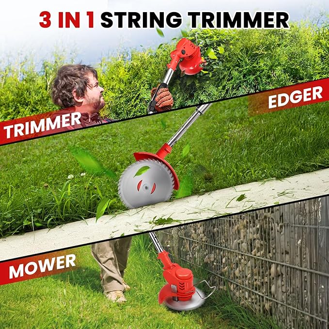 Electric Weed Wacker Cordless Weed Eater Battery Powered 21V, 4-in-1 Brush Cutter/String Trimmer/Grass Trimmer/Lawn Mower, 6 inch Lightweight Edger Stringless Weed Trimmer with Blade, 2 Battery