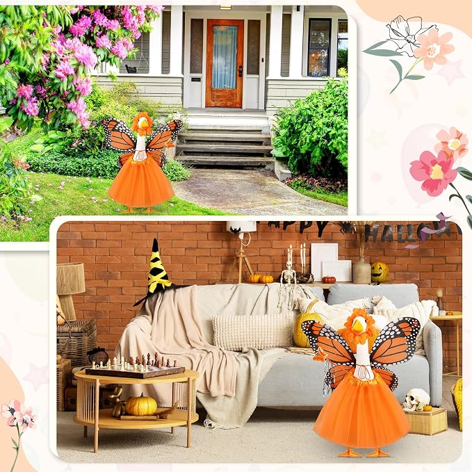 5pcs Butterfly Porch Goose Outfit Costume Tutu Skirt Butterfly Wing Wand Flower Crown for 17‘' 23‘' Cement Goose
