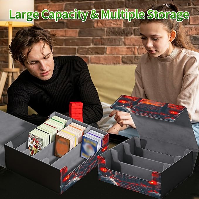 Card Deck Box for MTG, Cards Storage Box Fits 120+ Sleeved, Leather Big Size Strong Magnetic Closing Case for Board Games Magic TCG CCG Baseball Collection Women Man, Red Maple Leaf Moon