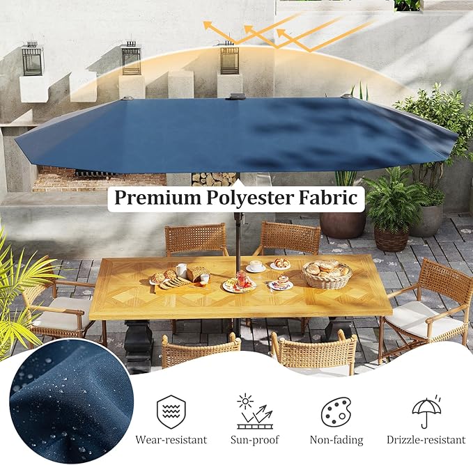 HAPPYGRILL 13 FT Double-sided Patio Umbrella with Solar Lights, Crank Handle & 12 Heavy-Duty Ribs, Outdoor Twin Size Oversized Rectangle Market Umbrella for Garden Deck Poolside