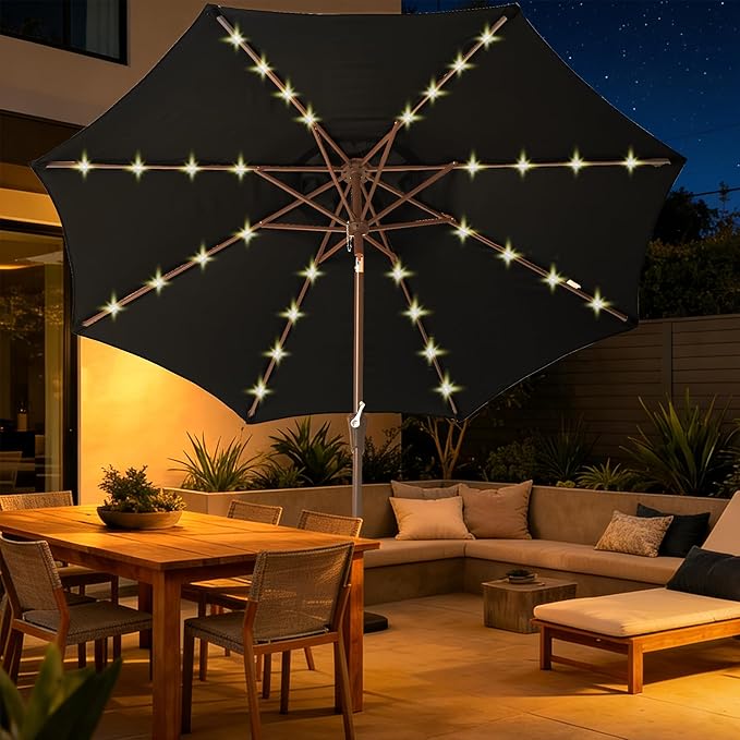 9FT Solar-Powered LED Patio Umbrella with Tilt Crank,Outdoor Market Umbrella with 32 Lights,Sunshade for Deck, Garden and Pool