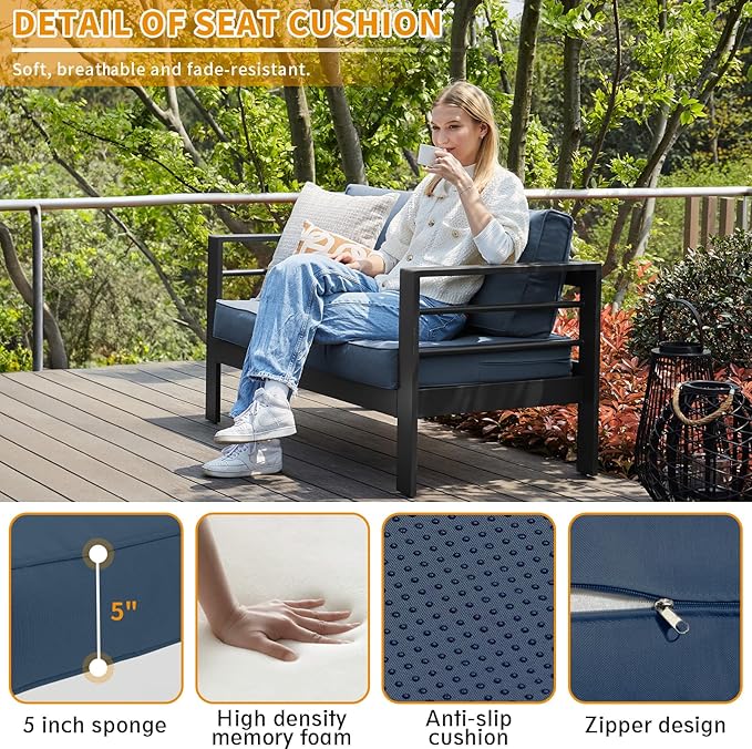 Aluminum Patio Furniture Set, Single Chair Outdoor Set with 5 Inch Cushions, Patio Sofa Sets with Waterproof Covers for Backyard Garden(Grey&Blue)